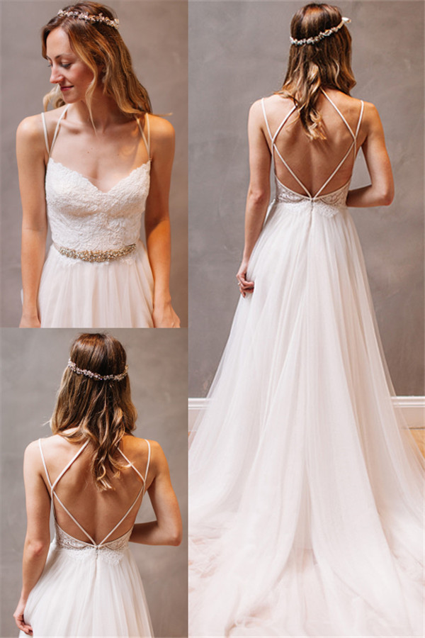 New Arrival Spaghetti Strap Summer Dresses A-Line Tulle Open Back Bridal Gowns