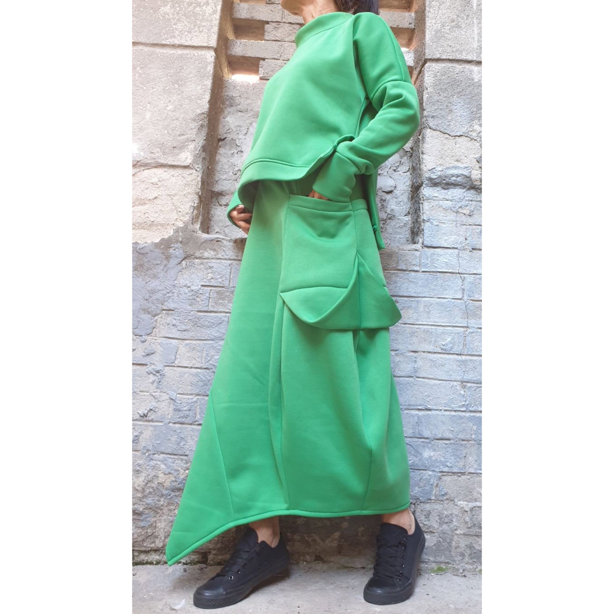 New Asymmetric Green Skirt/Winter Long Skirt/Outside Pocket Cotton Skirt/High Waist Skirt/Casual Warm Skirt/Everyday Street Skirt