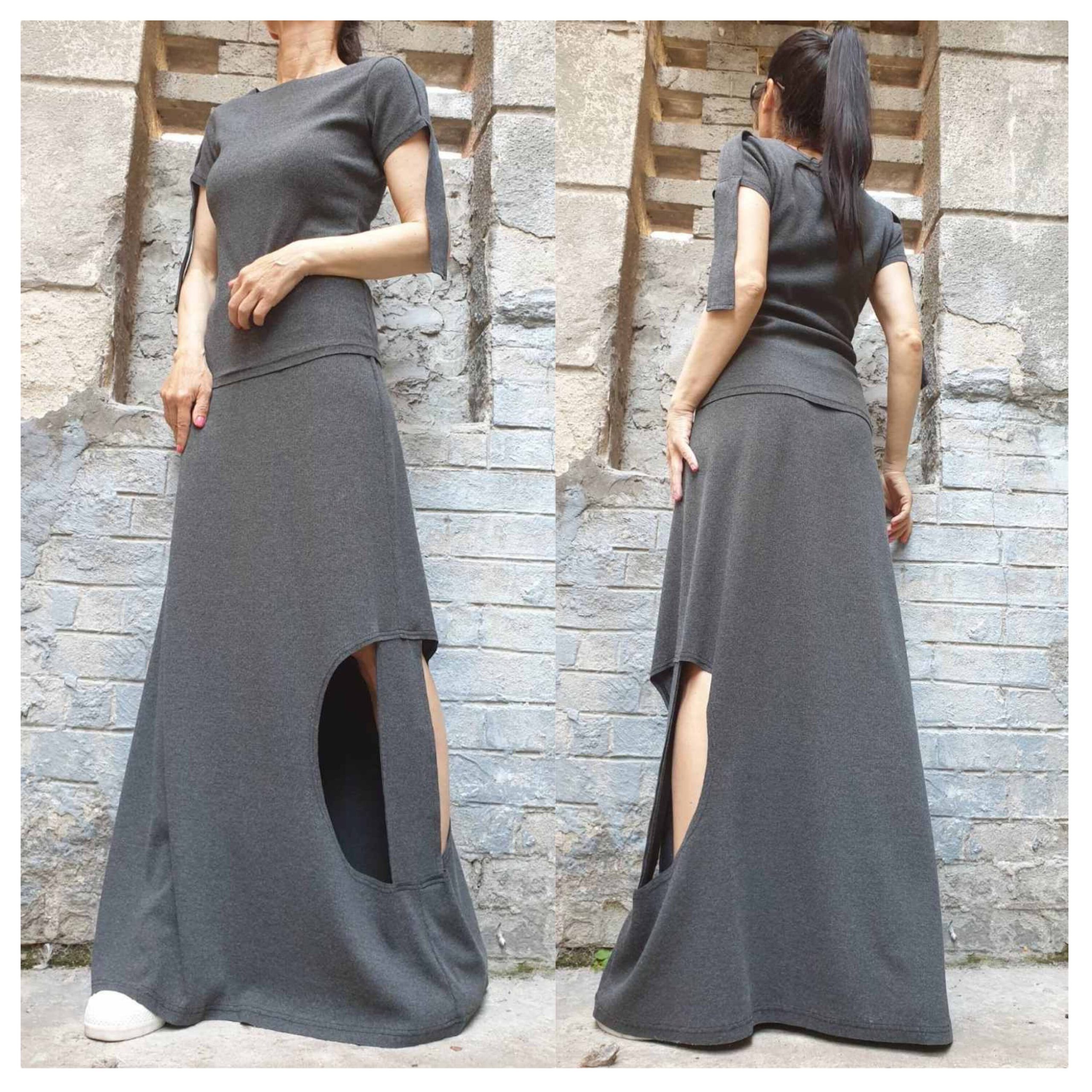 New Everyday Dark Grey Woman Set/Extravagant Skirt Top Set/Asymmetric Cotton Set/Summer Set/Designer Set/Avantgarde Set