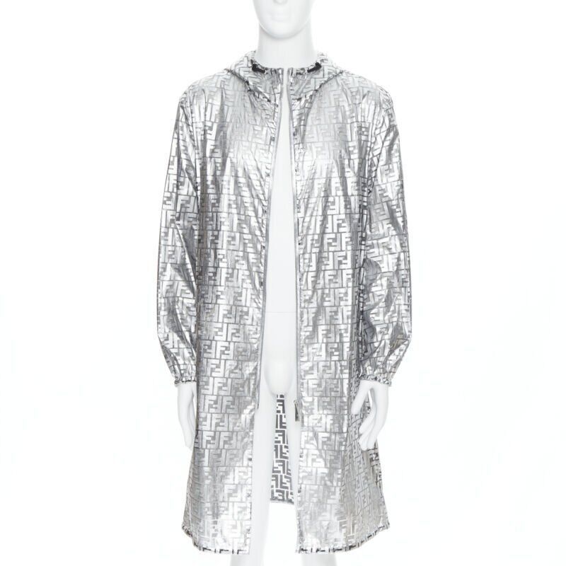 New Fendi Nicki Minaj Prints On Metallic Silver Ff Zucca Monogram Anorak Coat L, Women's (Size XL)