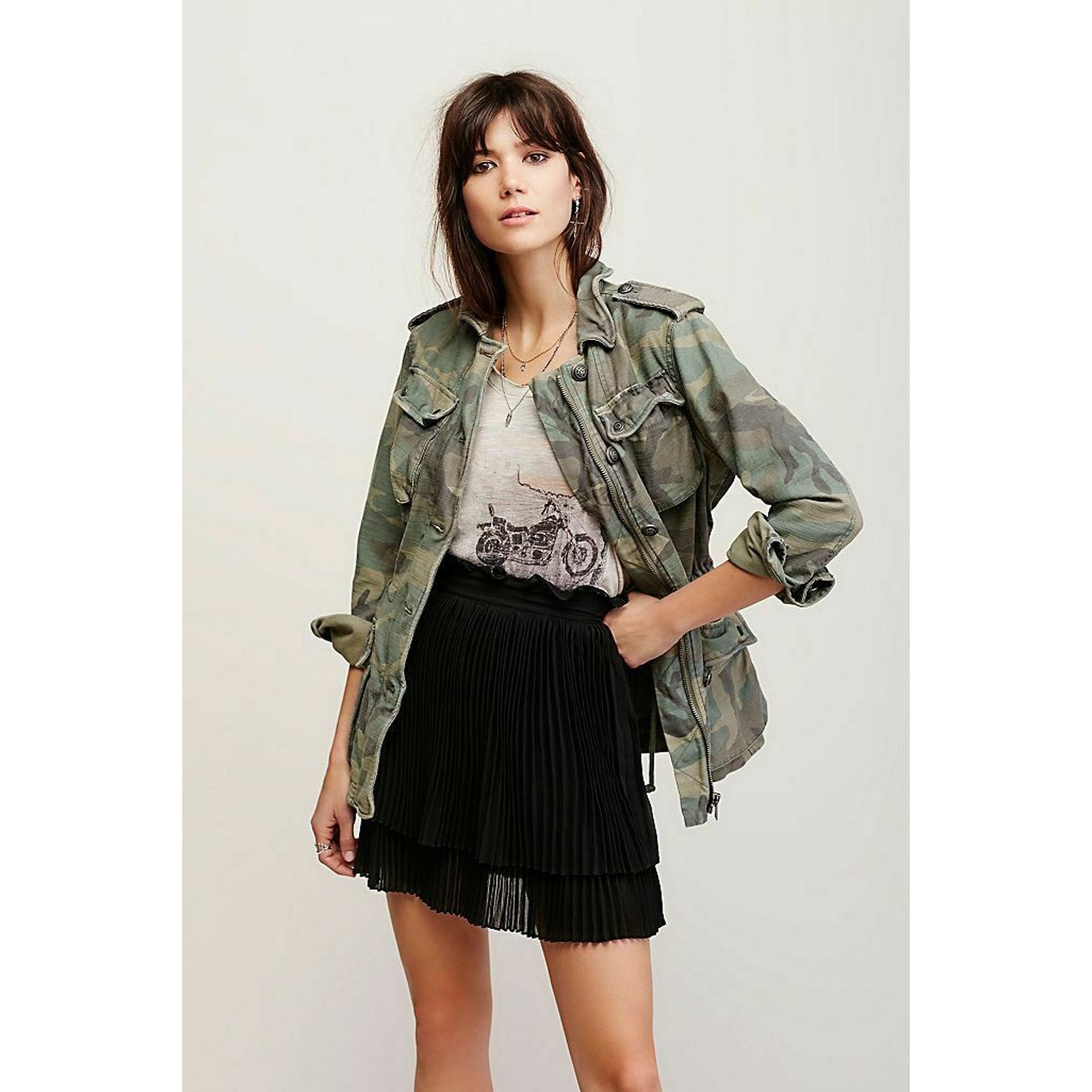 New Free People Francesca Pleated Tiered Mini Skirt $128 in Black, Women's