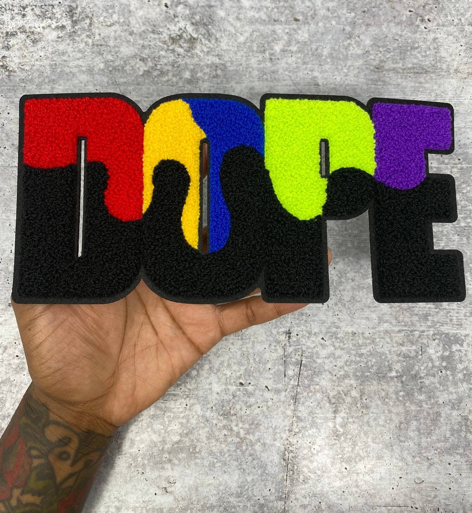 New, Large, 1-Pc Colorful "Dope" Chenille Iron On Patch, Size 9"x5", Large Patch For Varsity Jackets, Denim Shirts, & Hoodies