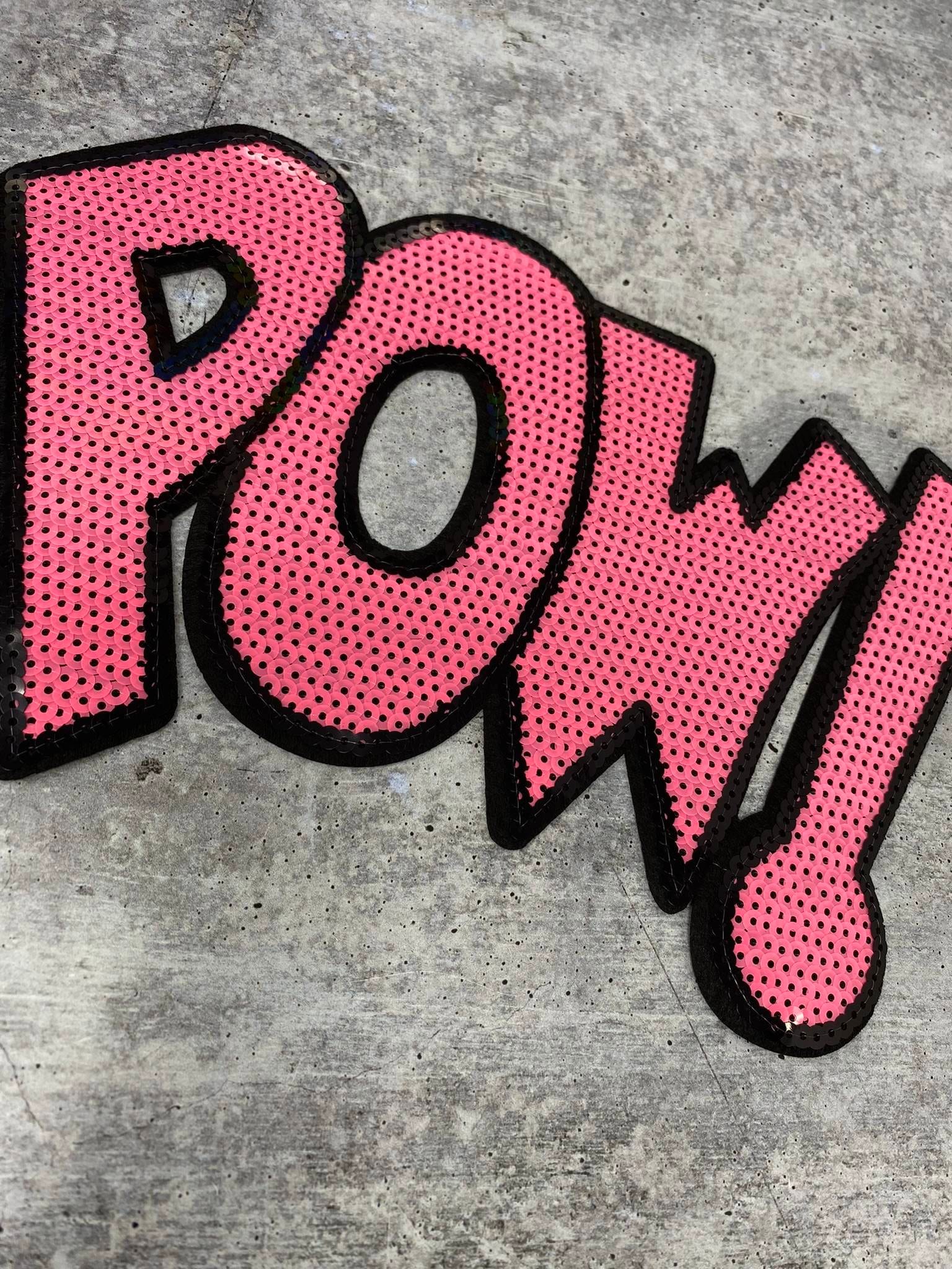 New, Pink "Pow" Sequins Sparkling Patch, Large Applique, Statement Iron-On, Size 10"x6", Diy Jacket, Varsity Camo, Hoodie