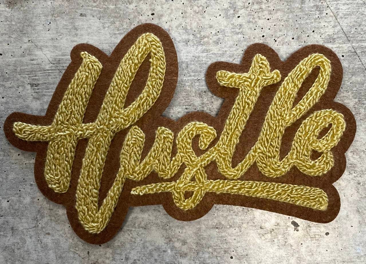 New Size, 1-Pc Tan & Brown "Hustle" Chenille Patch | Iron-On Size 6"x4", Varsity For Denim, Camos, Hoodies, Small