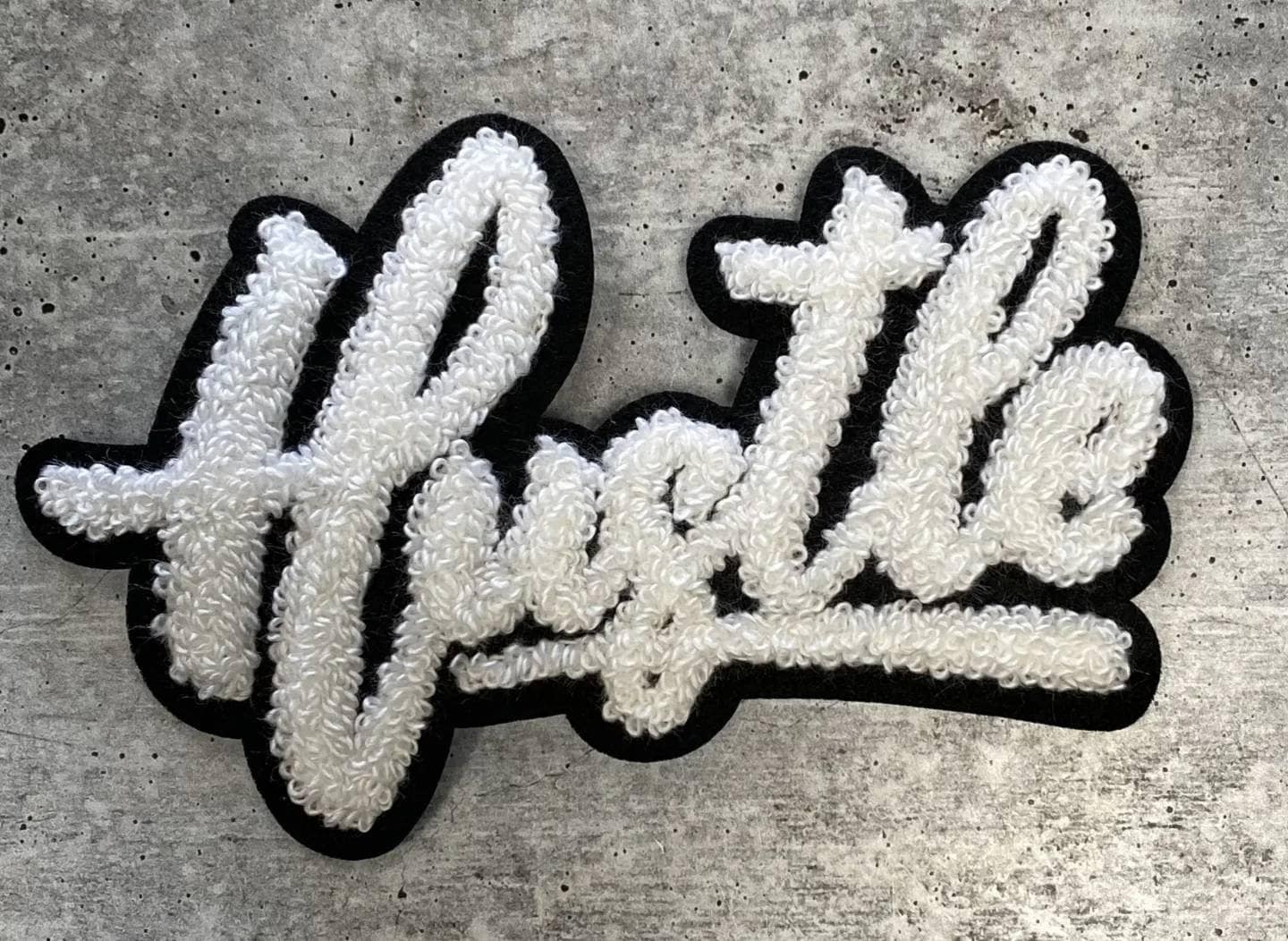 New Size, 1-Pc White & Black "Hustle" Chenille Patch | Iron-On Size 6"x4", Varsity For Denim, Camos, Hoodies, Small