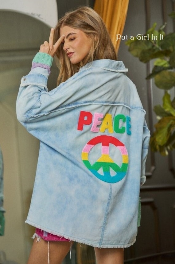 New Womens Light Blue Dyed Rainbow Peace Sign Distressed Utility Boyfriend Shacket Jacket S M L Xl