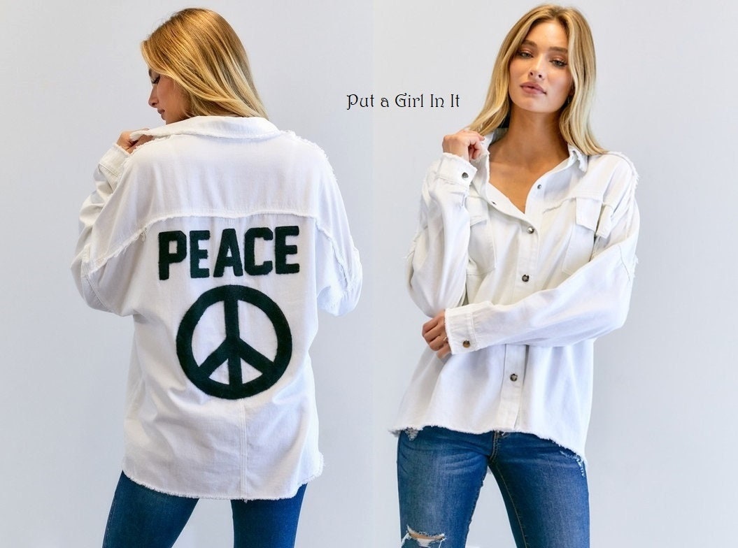 New Womens Plus Size White Black Peace Patch Distressed Utility Shacket Jacket 1x 2x 3x