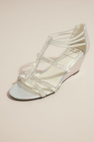 New York Transit Crystal-Embellished Strappy Wedge Sandals in Silver Size: 6 David's Bridal