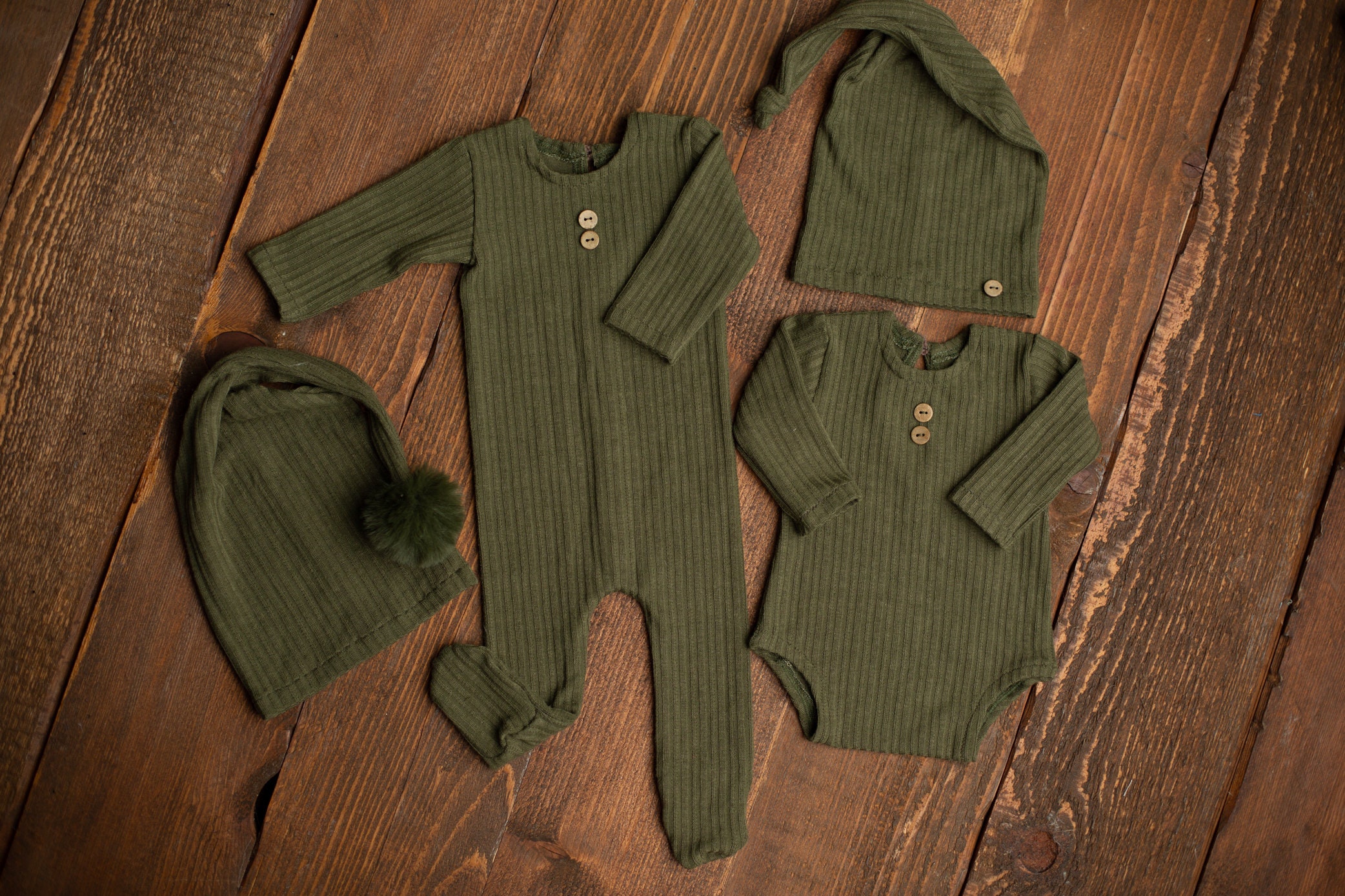 Newborn Green Olive Outfit Footed Romper, Bodysuit, Sleepy Hat, Photography Props