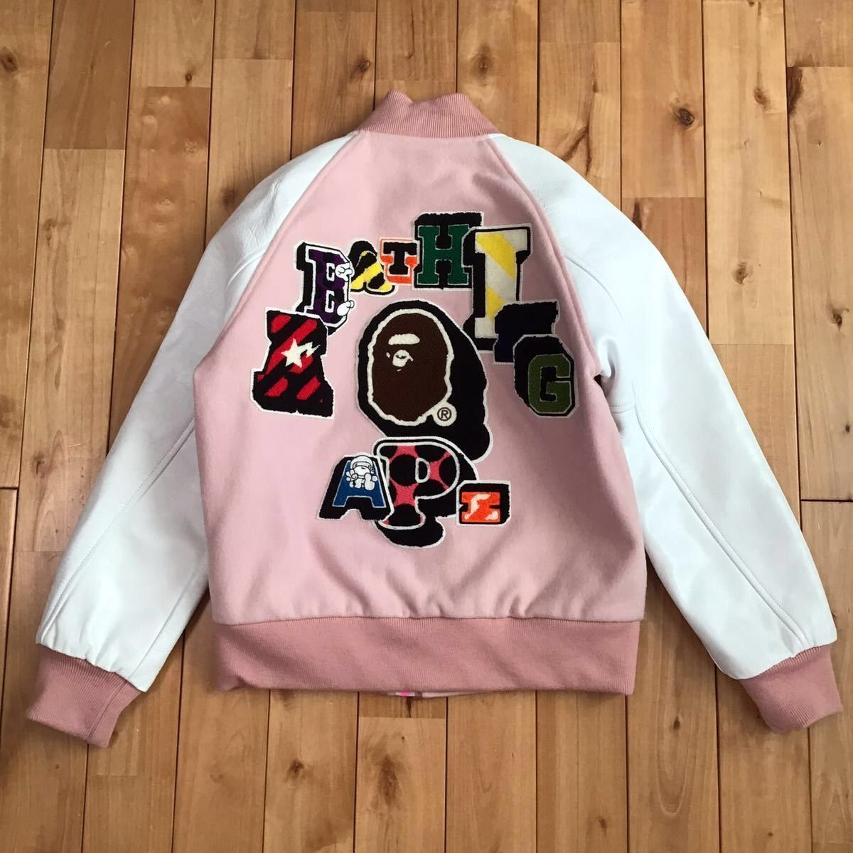 Nfs Exclusive Sleeve Leather Varsity Jacket Bape Ape Nigo in Pink/White, Women's (Size Small)