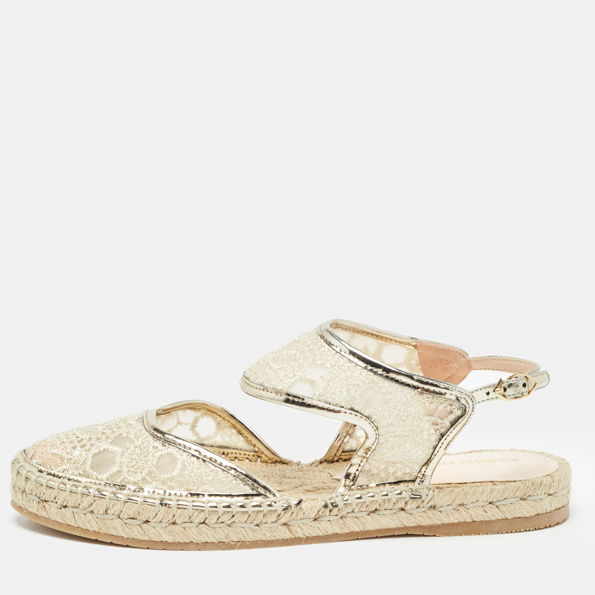 Nicholas Kirkwood Gold Lace and Mesh Espadrilles Slingback Flats Size 36