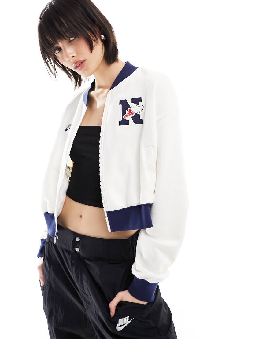 Nike Varsity patchwork bomber jacket in sail white