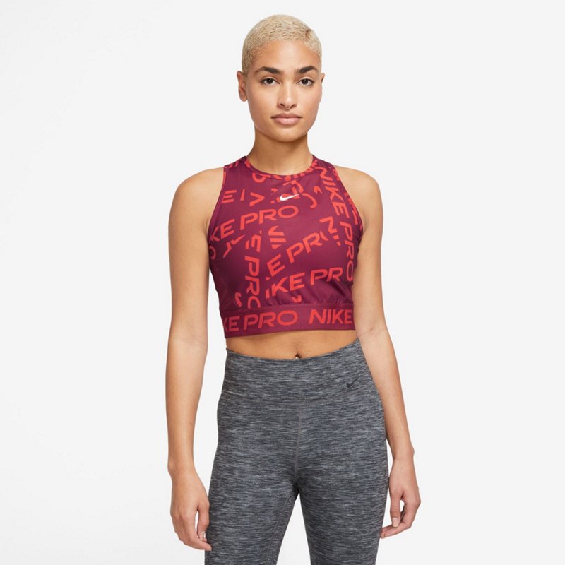 Nike Women's Pro Dri-FIT Crop Printed Tank Top Noble Red/Noble Red/White, X-Small - Women's Athletic Performance Tops at Academy Sports