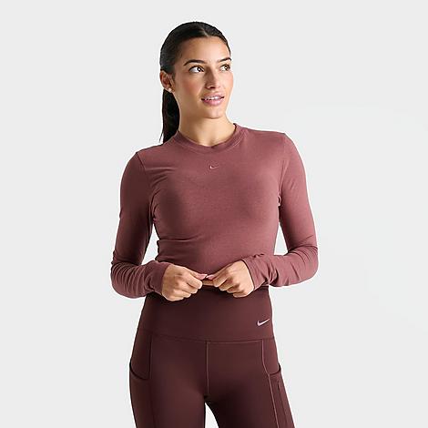 Nike Women's Sportswear Chill Knit Long-Sleeve Slim Crop Top in Red/Red Sepia Size XS Cotton/Spandex/Knit