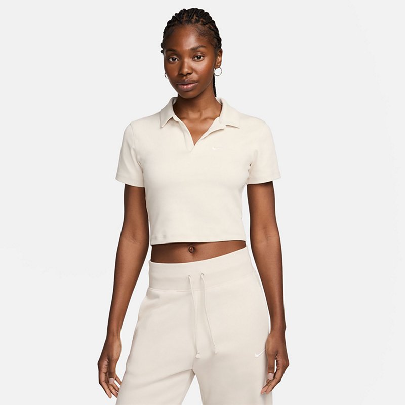 Nike Women's Sportswear Essentials Short Sleeve Polo Shirt Crop Top Light Beige, Small - Women's Core/Basic Tops at Academy Sports