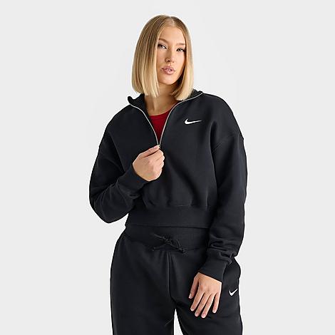 Nike Women's Sportswear Phoenix Fleece Oversized Half-Zip Crop Sweatshirt in Black/Black Size XS Cotton/Polyester/Fleece