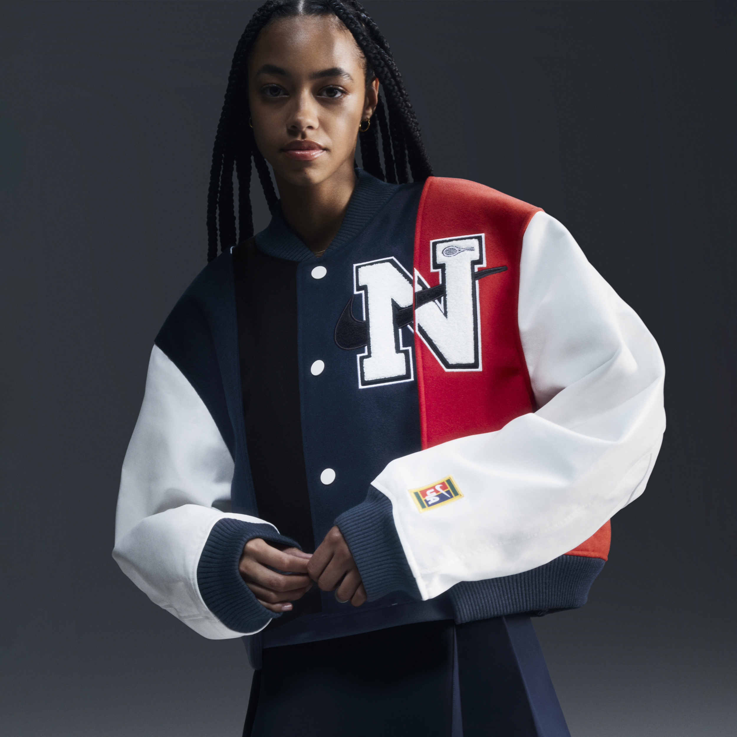 Nike Women's Women by YOON Oversized Varsity Jacket in Black | FZ0280-010