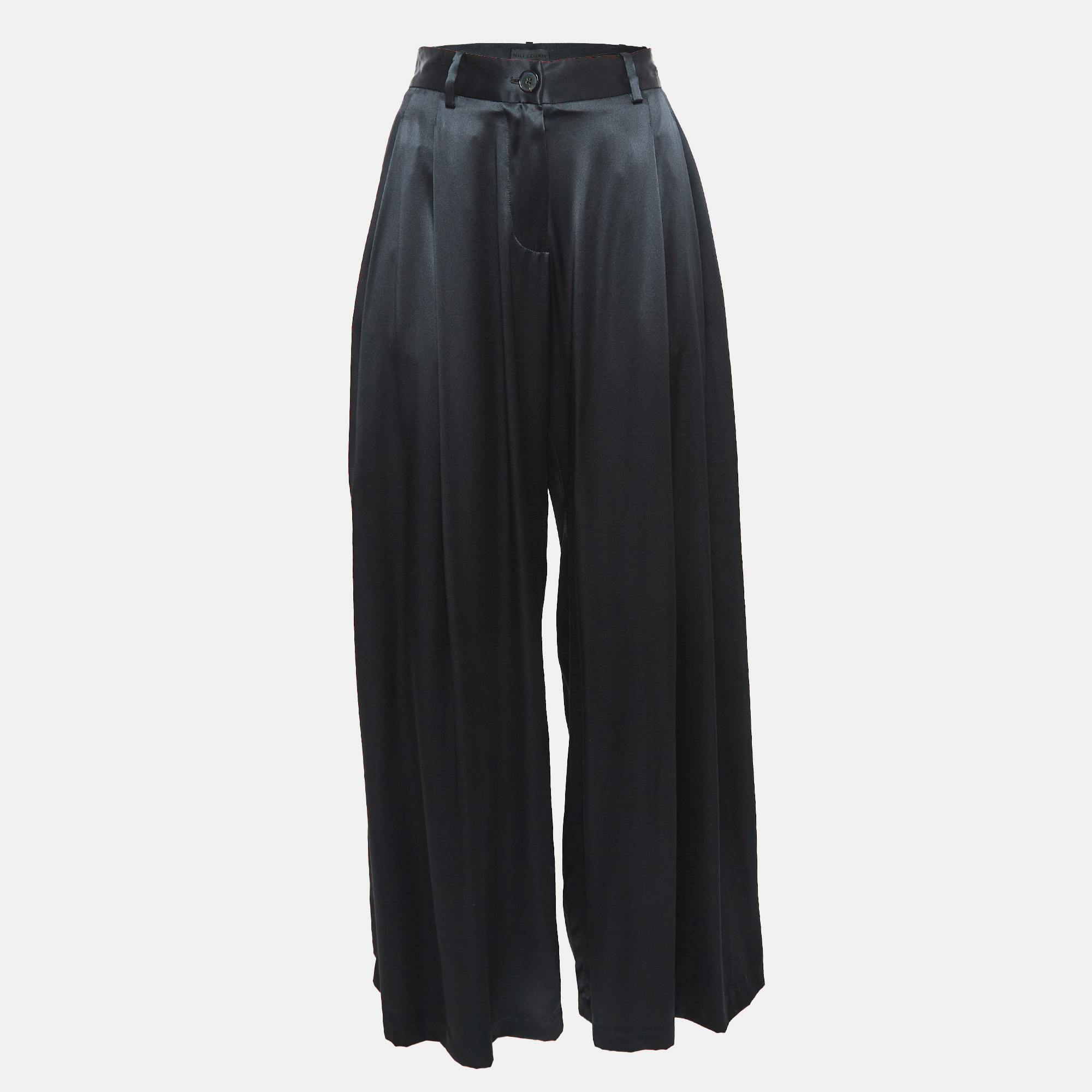 Nili Lotan Black Satin Wide-Leg Seville Pants M