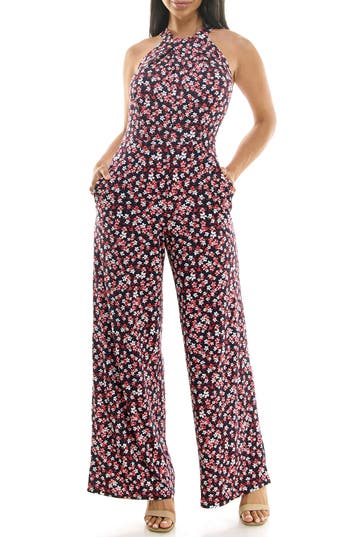 Nina Leonard Twisted Halter Neck Jumpsuit in Navy/Red Multi at Nordstrom Rack, Size Large