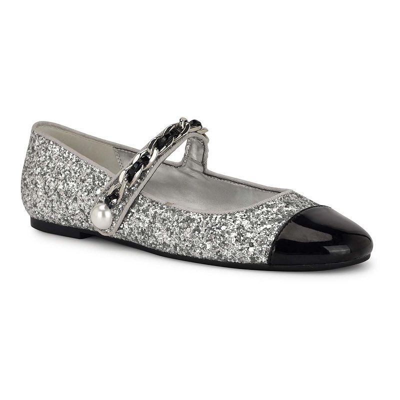 Nine West Platy Women's Mary Jane Ballet Dress Flats, Size: 6.5, Silver Glitter Black M