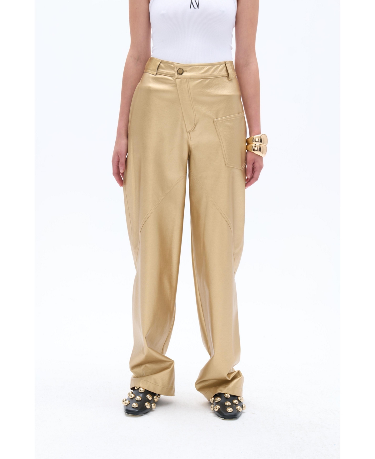 Nocturne Women's High Waist Faux Leather Pants - Gold