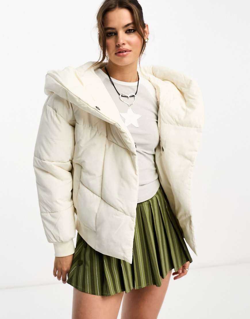 Noisy May padded jacket with oversized hood in cream-White