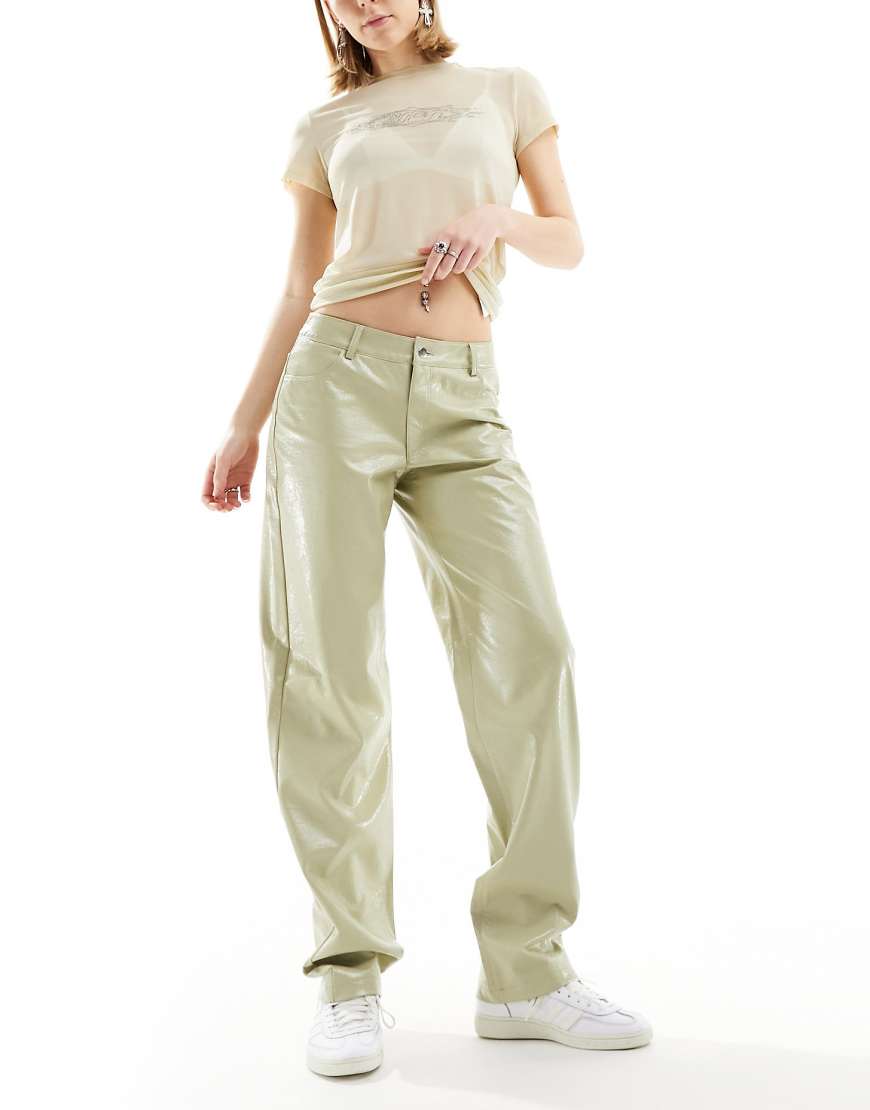 Noisy May wide leg faux leather pants in light sage-Green