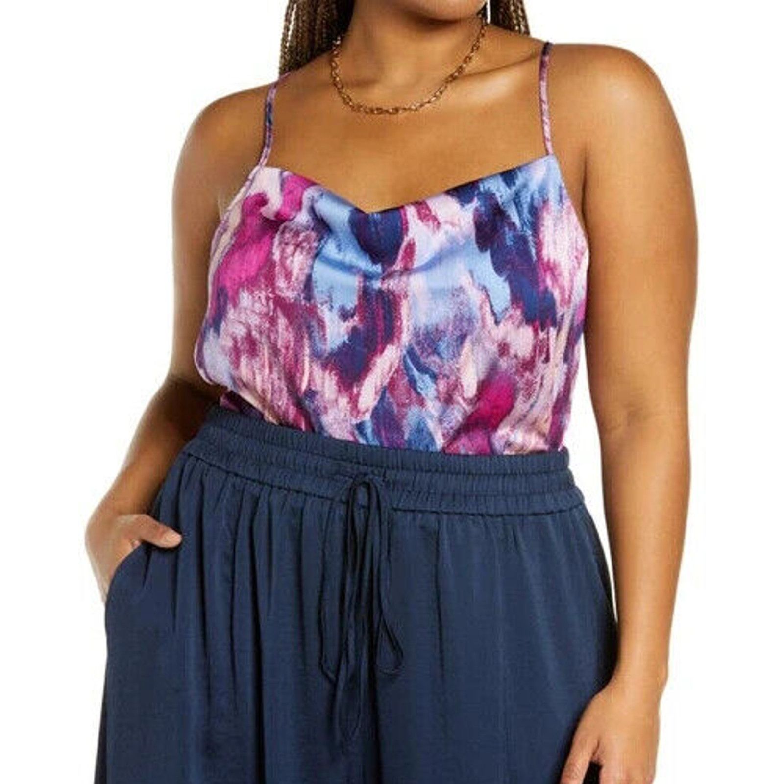 Nordstrom Open Edit Cowl Neck Satin Camisole Purple Chalk Camo Top, Women's (Size XL)