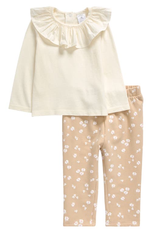 Nordstrom Ruffle Collar Long Sleeve Top & Floral Leggings Set in Ivory Egret- Beige Flowers at Nordstrom, Size 3M