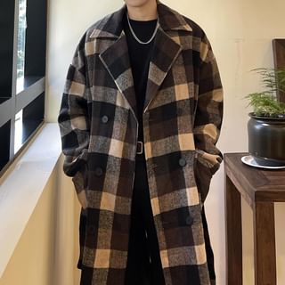 Notch Lapel Plaid Midi Double-Breasted Coat