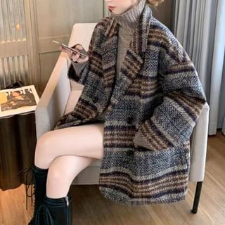 Notch Lapel Plaid Tweed Double-Breasted Coat