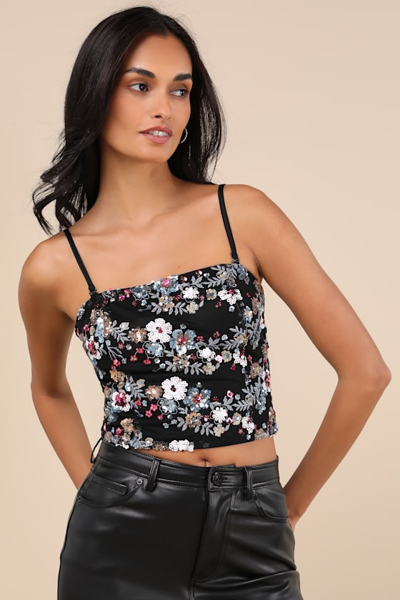 Noteworthy Glitter Black Multi Sequin Crop Top