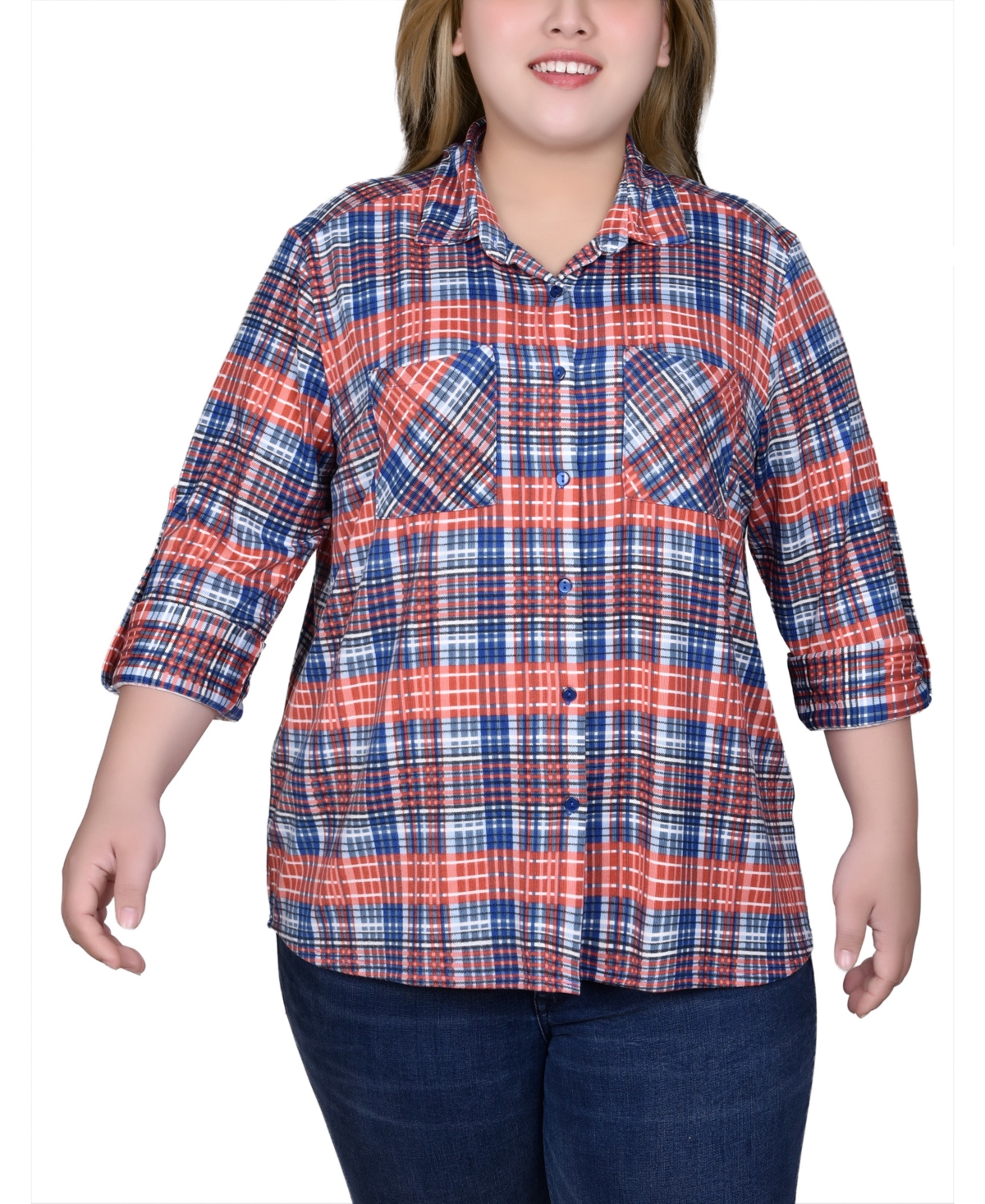 Ny Collection Plus Size Long Sleeve Button Front Tunic Top - Rust Denim Plaid