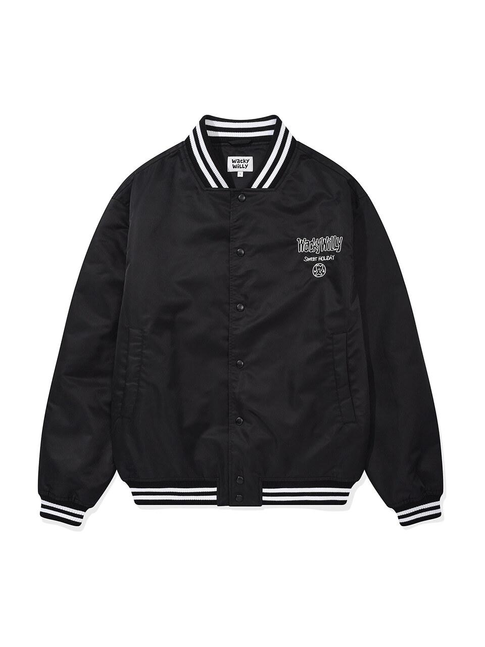 Nylon Semi-Oversized Varsity Jacket [Black]