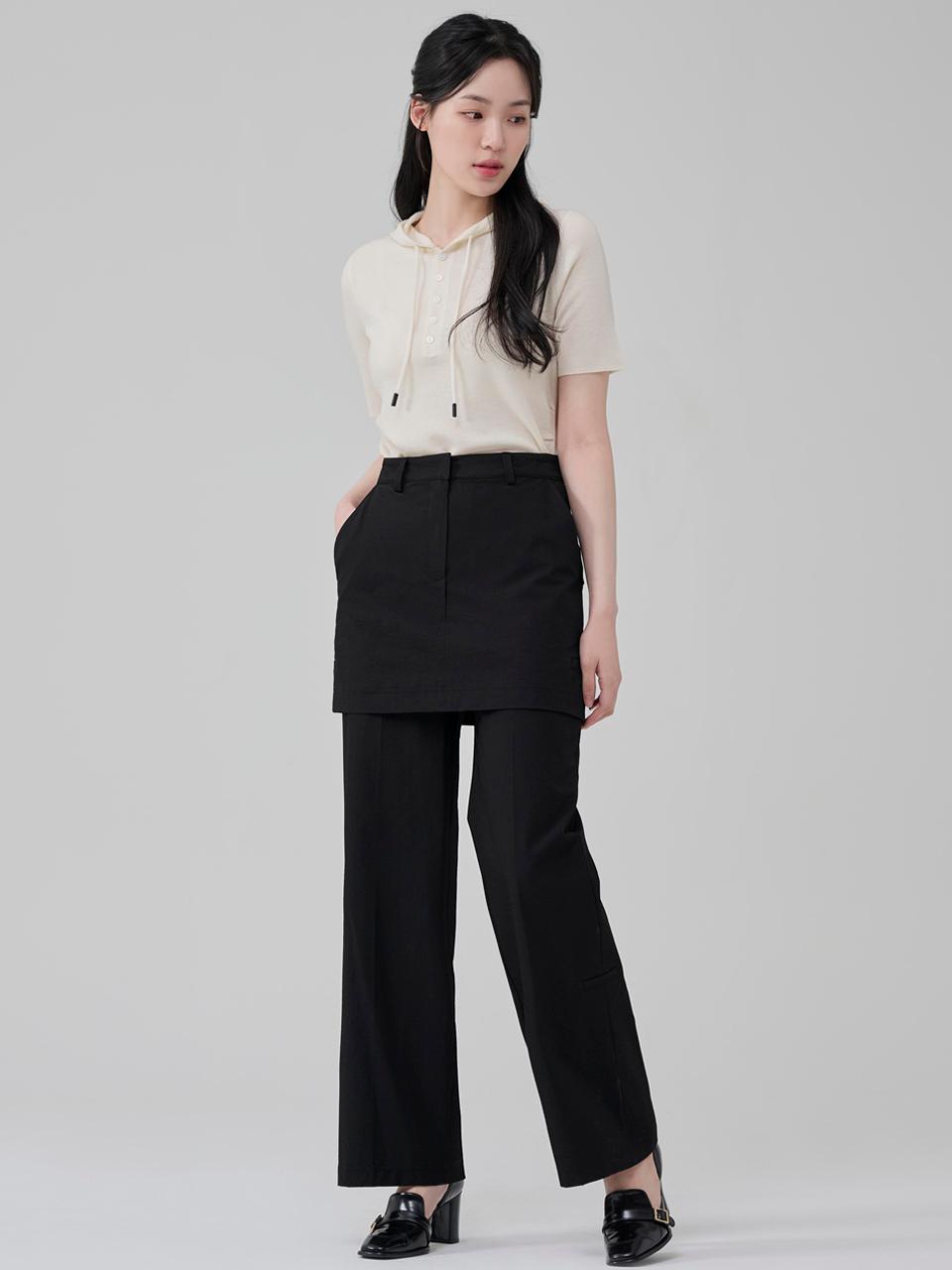 Nylon Wide-leg Layered Trousers [Black]