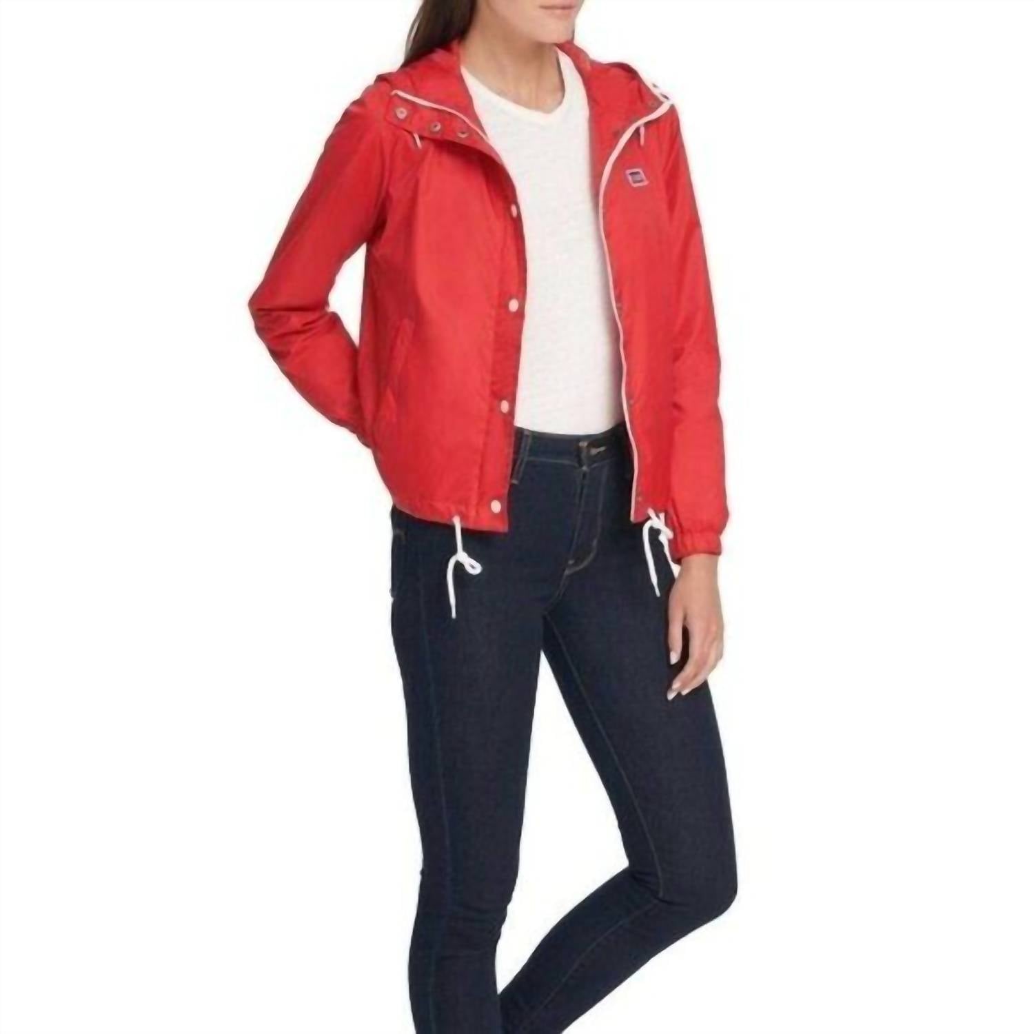 Nylon Windbreaker Hooded Zip Up Rain Jacket In Red