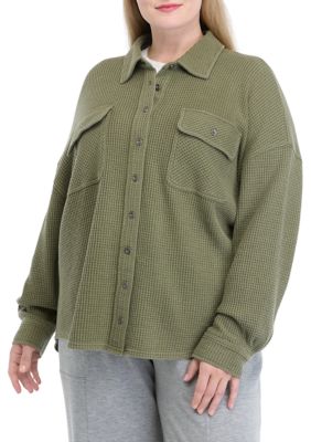 OLIVE + OAK Women's Plus Size Waffle Shacket, Green, 1X