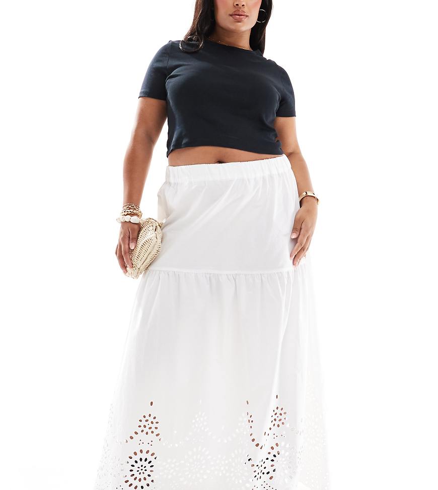 ONLY Curve embroidered tiered maxi skirt in white