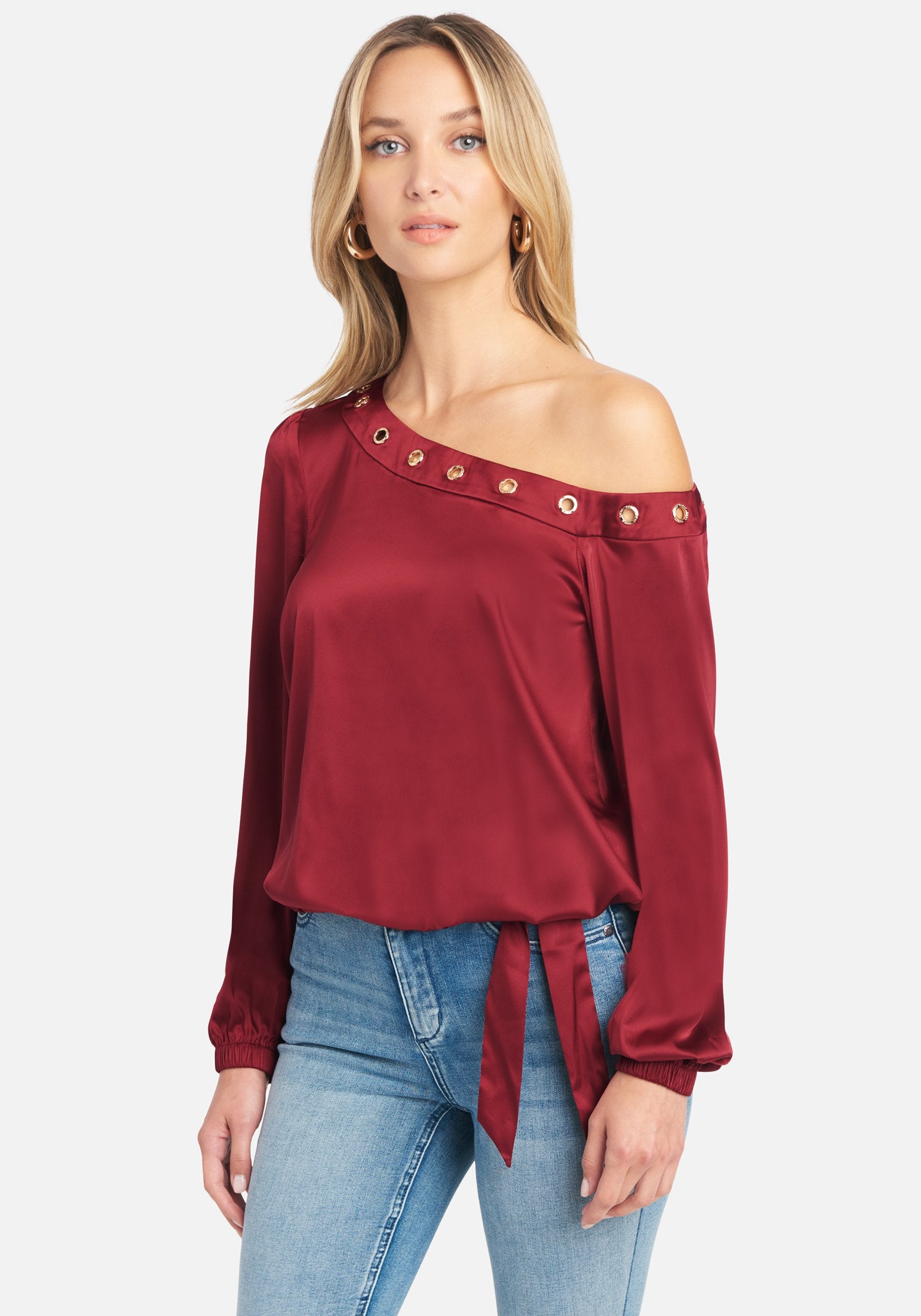 Off Shoulder Grommet Detail Satin Blouse