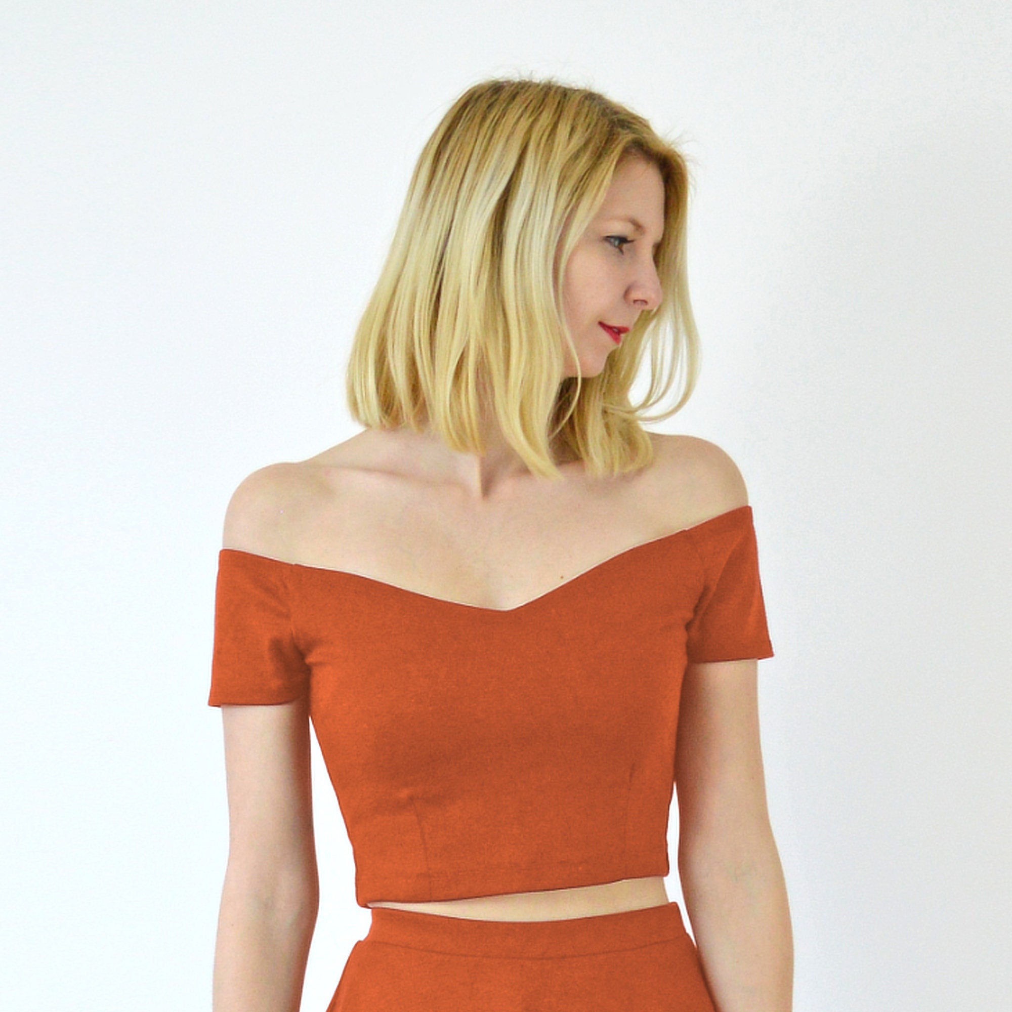 Off Shoulder Top | Vintage Style Off The Shoulder Crop Top in Burnt Orange. Womens Summer Top. Bardot