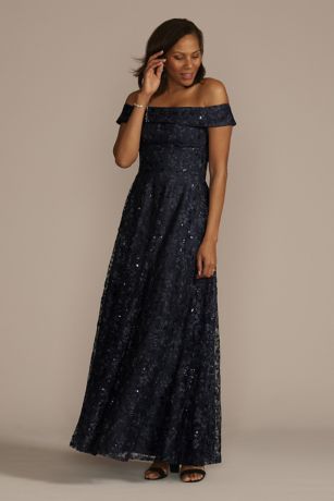 Oleg Cassini Off-The-Shoulder Embroidered Sparkle A-line Dress in Midnight Size: 6 David's Bridal