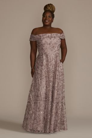 Oleg Cassini Off-The-Shoulder Embroidered Sparkle A-line Dress in Quartz Size: 18W David's Bridal