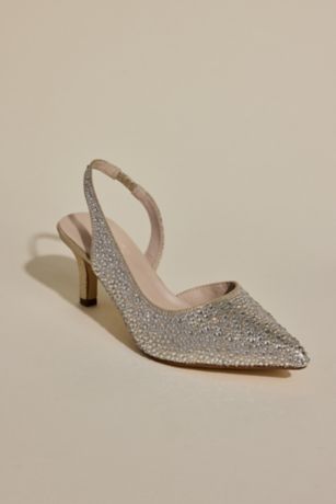 Oleg Cassini Rhinestone Embellished Pointed Toe Slingback Heel Sandals in Champagne Size: 6 David's Bridal