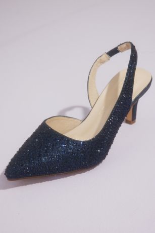 Oleg Cassini Rhinestone Embellished Pointed Toe Slingback Heel Sandals in Navy Size: 8 David's Bridal