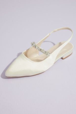 Oleg Cassini Satin Slingback Flat Shoes With Crystal Strap in Ivory Size: 9 David's Bridal