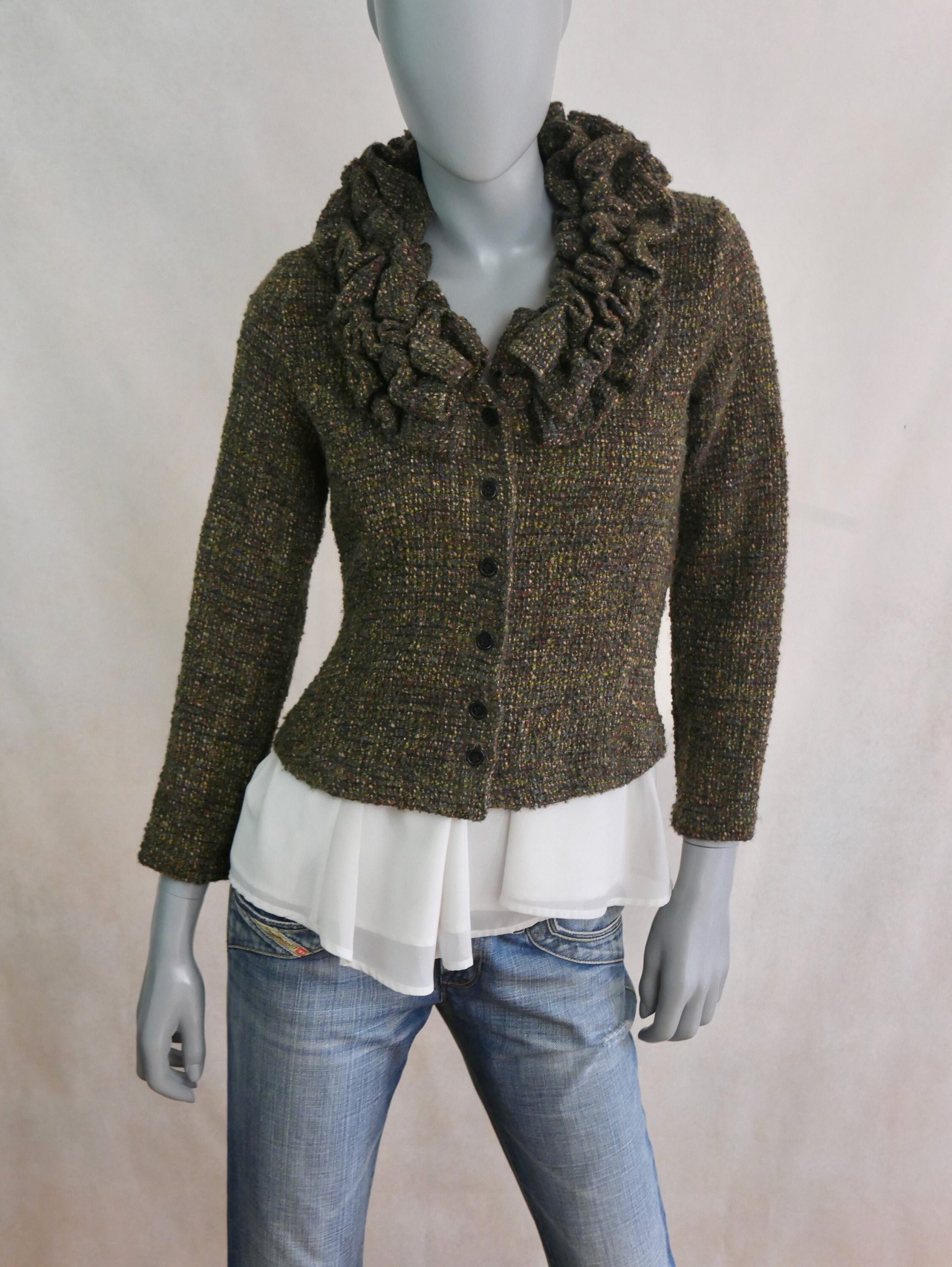 Olive Green Knit Blazer, 90S Vintage Cropped Jacket With Ruffle Collar, Size 6 Us, 10 Uk