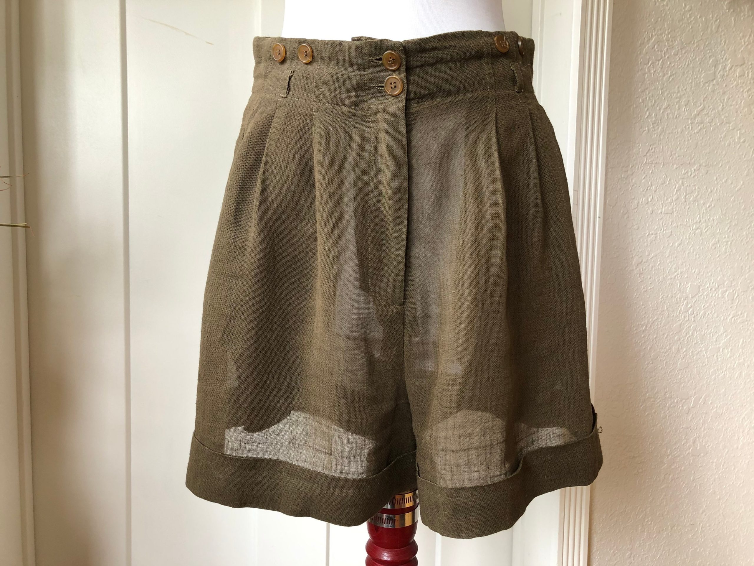 Olive Linen Sheer Woven High Waisted Flared Pleated Trouser Shorts Pants Size M 10 Waist Military Green Michael Kors Womens 1940S 40S Style