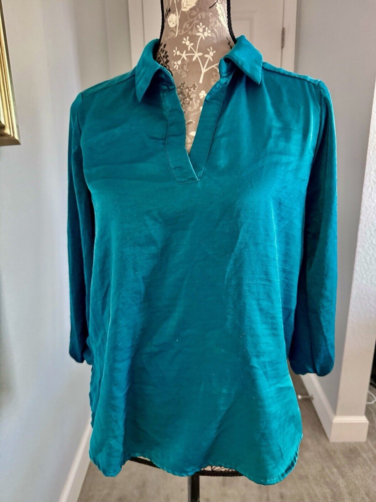 Olm Medium Turquoise Teal Blue Satin Tunic Blouse Top, Women's