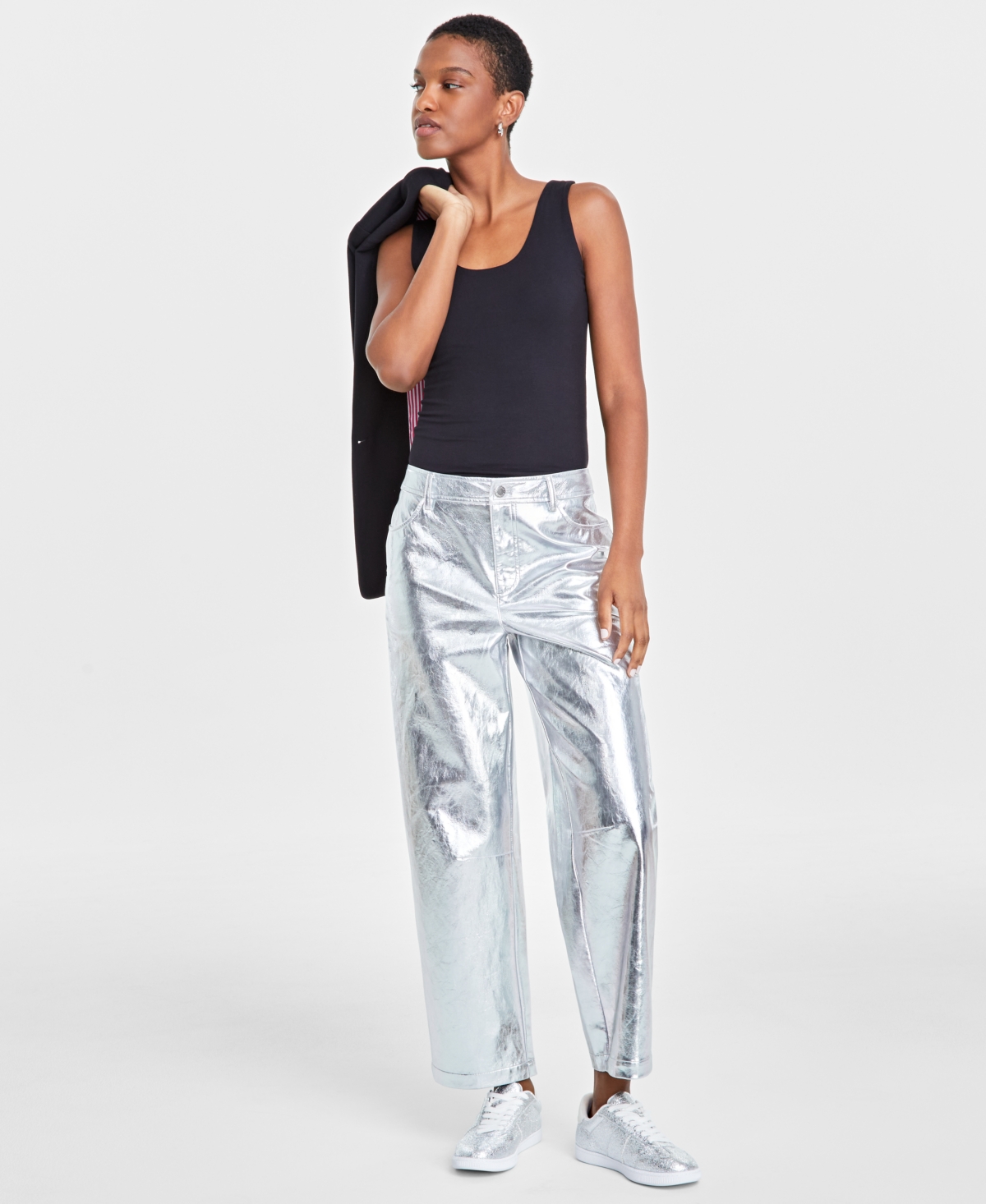 On 34th Women's Metallic Faux-Leather Pants, Created for Macy's - Silver Metallic