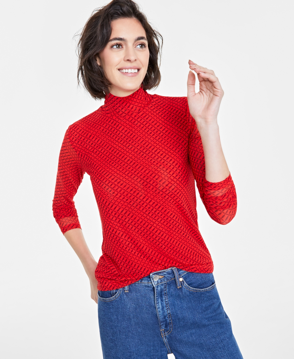 On 34th Women's Patterned Mock-Neck Mesh Top, Created for Macy's - Fiery Red